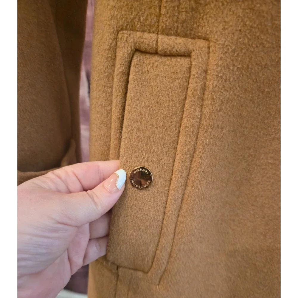 Women's Camel Hooded Wool Blend Walker Coat Michael Kors XS Gold Zip Mid Length